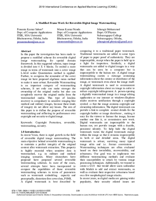 (PDF) A Modified Frame Work for Reversible Digital Image Watermarking