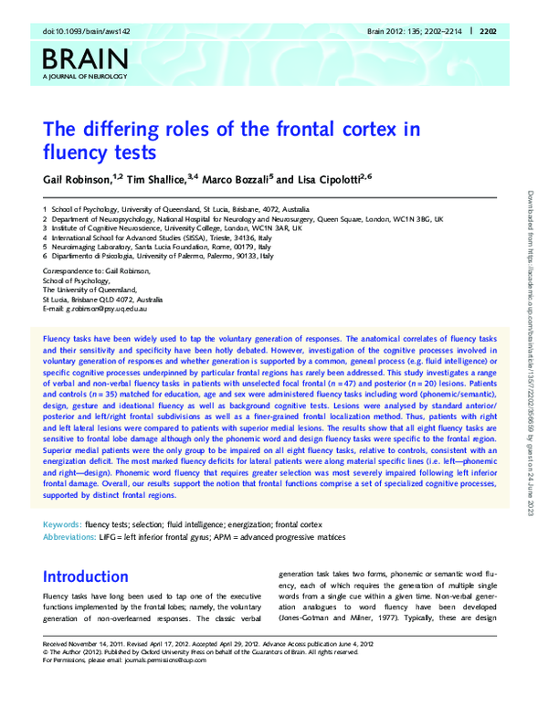 (PDF) The differing roles of the frontal cortex in fluency tests