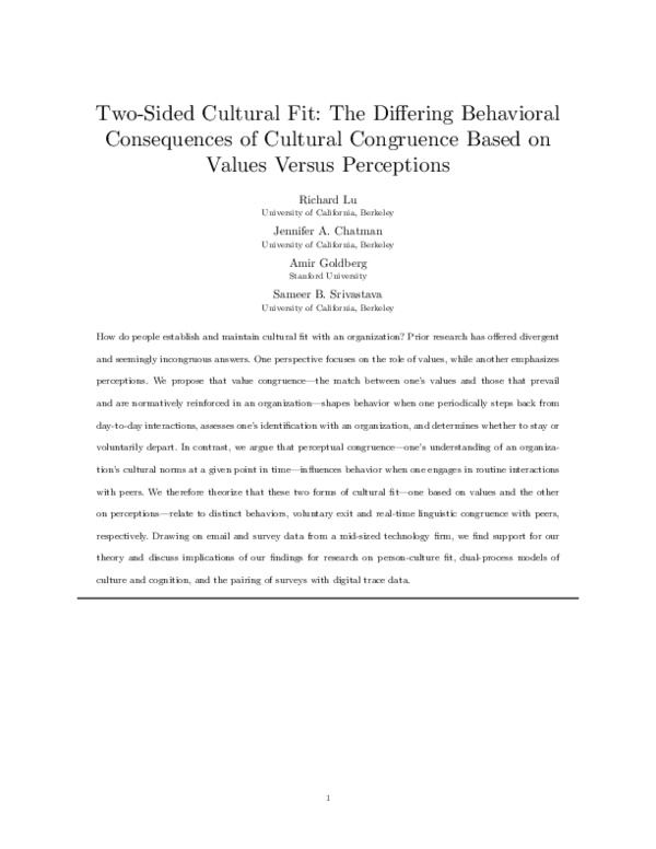 (PDF) Two-Sided Cultural Fit: The Differing Behavioral Consequences of ...