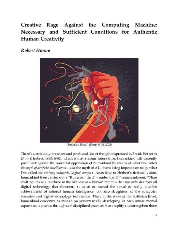 Creative Rage Against the Computing Machine: Necessary and Sufficient Conditions for Authentic Human Creativity (June 2023 version)