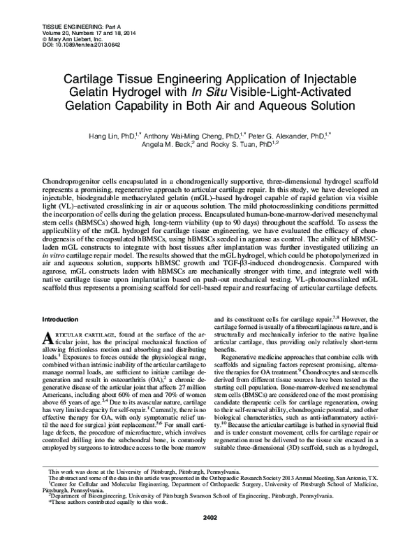 (PDF) Cartilage Tissue Engineering Application of Injectable Gelatin ...