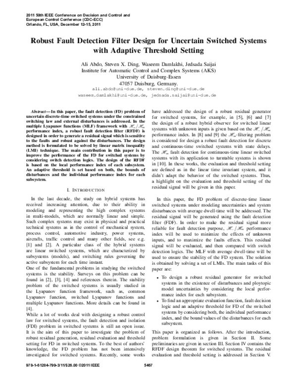 (PDF) Robust fault detection filter design for uncertain switched ...