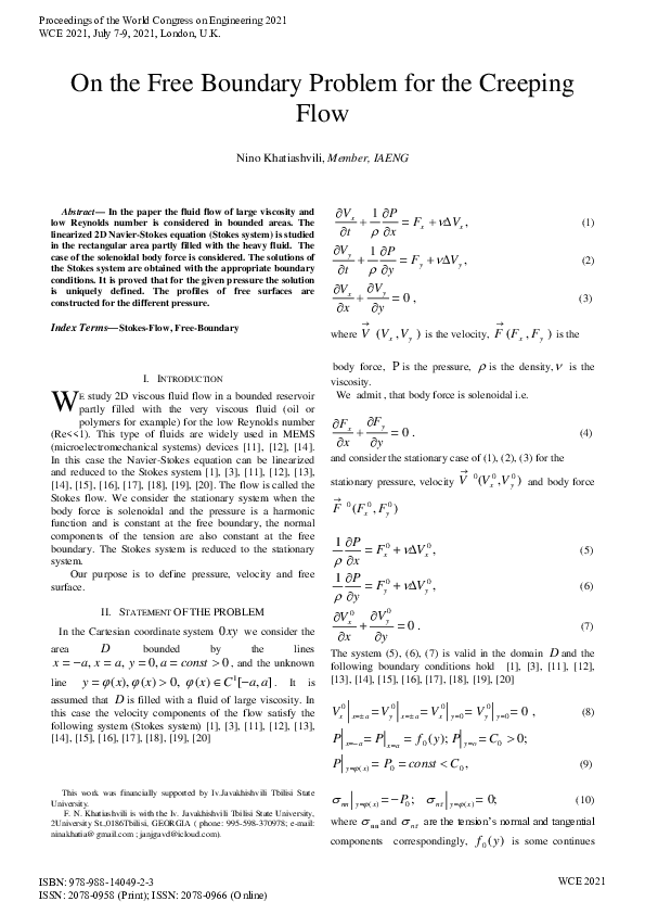 (PDF) On the Free Boundary Problem for the Creeping Flow