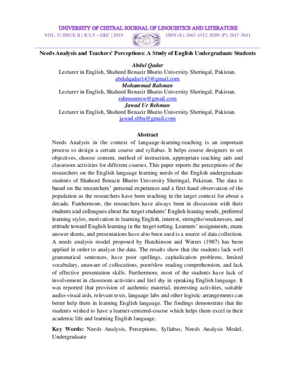 (PDF) Needs Analysis and Teachers' Perceptions: A Study of the English ...
