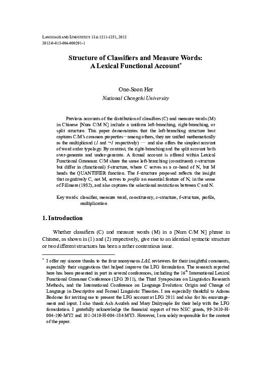 (PDF) Structure of Classifiers and Measure Words: A Lexical Functional ...