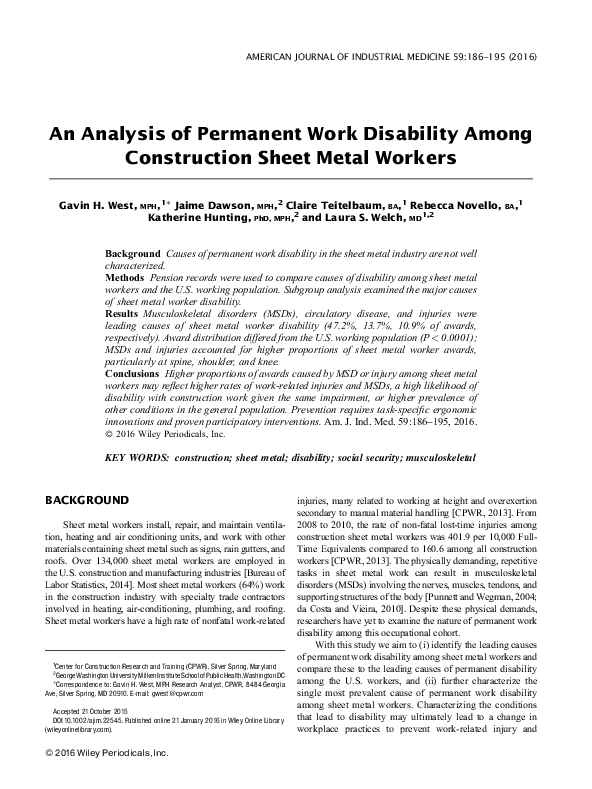 (PDF) An analysis of permanent work disability among construction sheet ...
