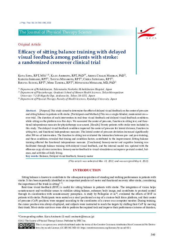 (PDF) Efficacy of sitting balance training with delayed visual feedback ...