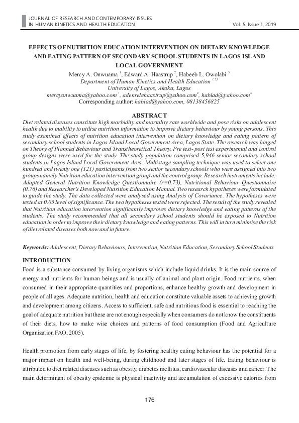 (PDF) EFFECTS OF NUTRITION EDUCATION INTERVENTION ON DIETARY KNOWLEDGE ...