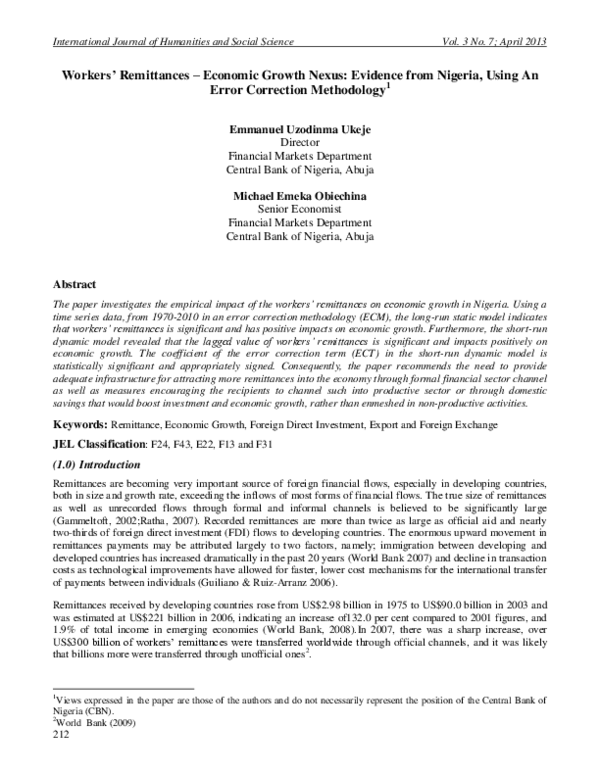 (PDF) Workers' Remittances - Economic Growth Nexus: Evidence from ...