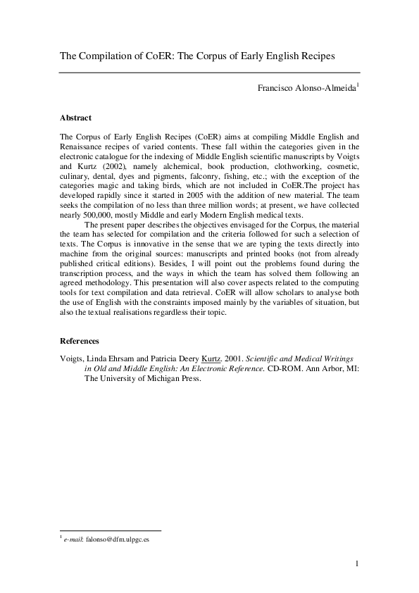 (PDF) The Compilation of CoER: The Corpus of Early English Recipes