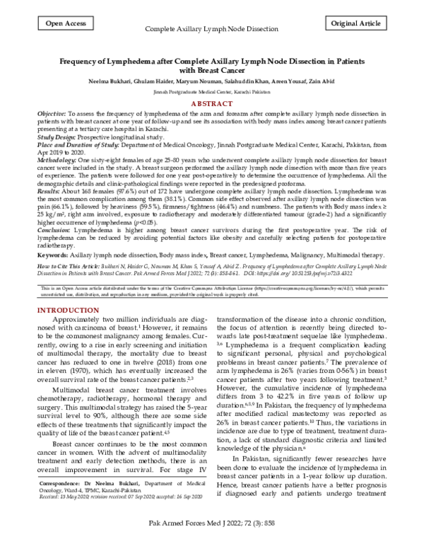 (PDF) Frequency of Lymphedema after Complete Axillary Lymph Node ...
