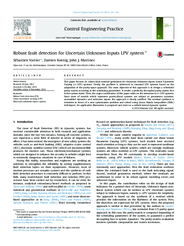 (PDF) Robust fault detection for Uncertain Unknown Inputs LPV systemI