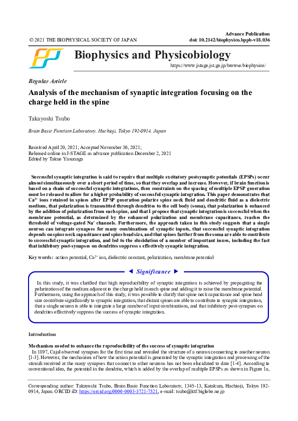 (PDF) Analysis of the mechanism of synaptic integration focusing on the ...