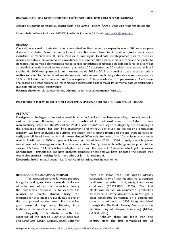 Rentabilidade Por M³ De Diferentes Espécies De Eucalipto Para O Oeste Paulista