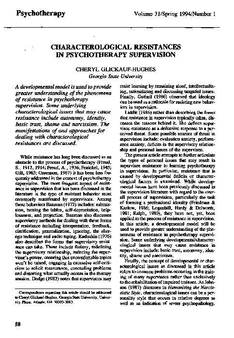 (PDF) Characterological resistances in psychotherapy supervision