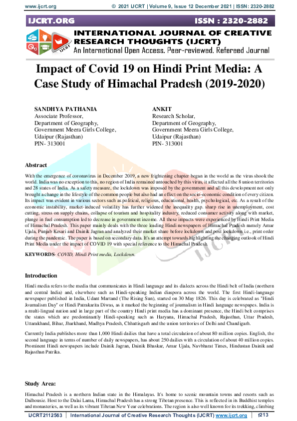 (PDF) Impact of Covid 19 on Hindi Print Media: A Case Study of Himachal ...