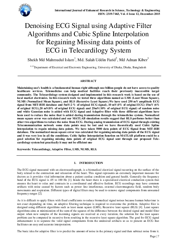 (PDF) Denoising ECG Signal using Adaptive Filter Algorithms and Cubic ...