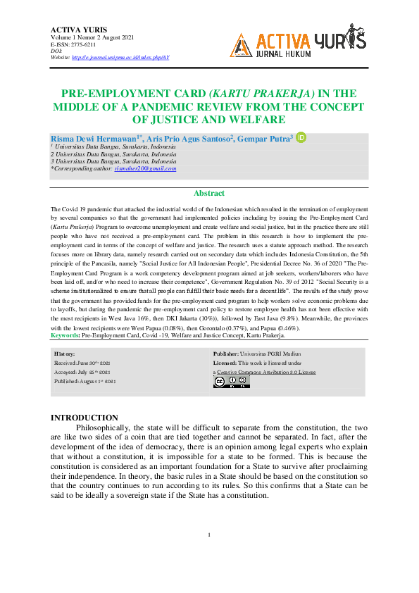 (PDF) Pre-Employment Card (Kartu Prakerja) In The Middle Of A Pandemic ...