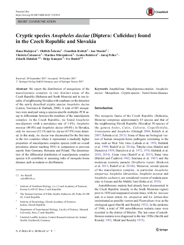 (PDF) Cryptic species Anopheles daciae (Diptera: Culicidae) found in ...