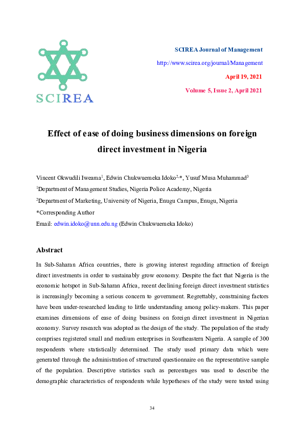(PDF) Effect of ease of doing business dimensions on foreign direct ...