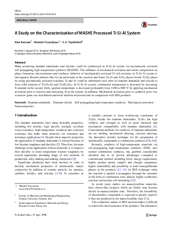 (PDF) A Study on the Characterization of MASHS Processed Ti-Si-Al ...