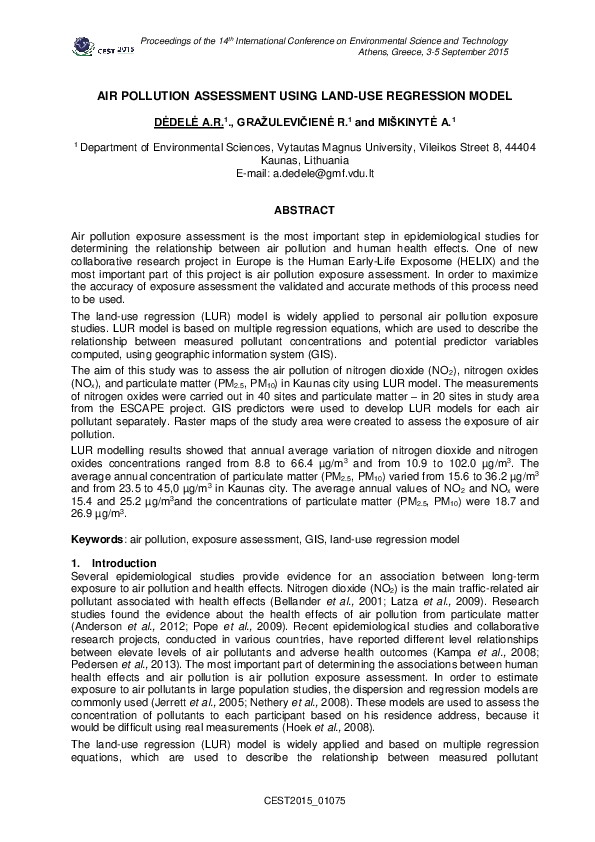 (PDF) Air Pollution Assessment Using LandUse Regression Model Regina