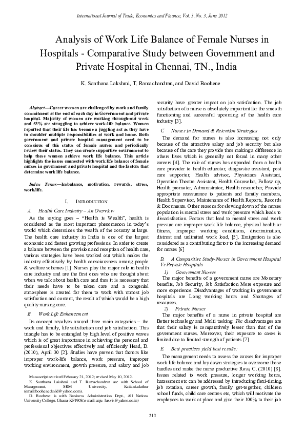 (PDF) Analysis of Work Life Balance of Female Nurses in Hospitals ...
