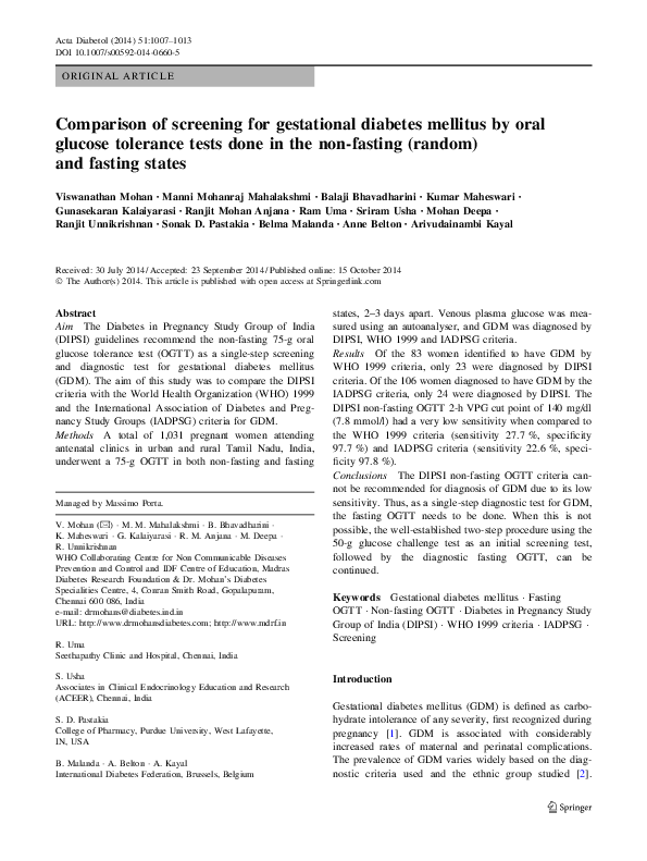 (PDF) Comparison of screening for gestational diabetes mellitus by oral ...
