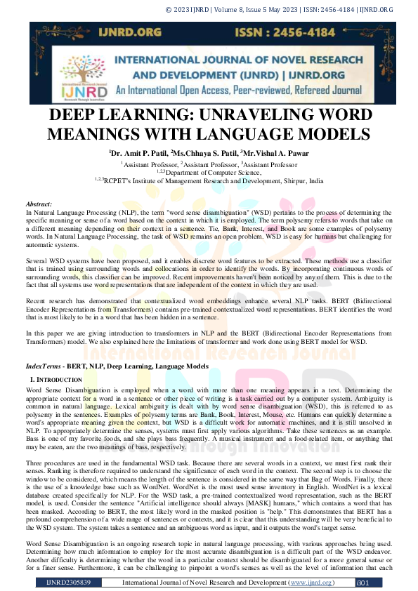 (PDF) DEEP LEARNING: UNRAVELING WORD MEANINGS WITH LANGUAGE MODELS