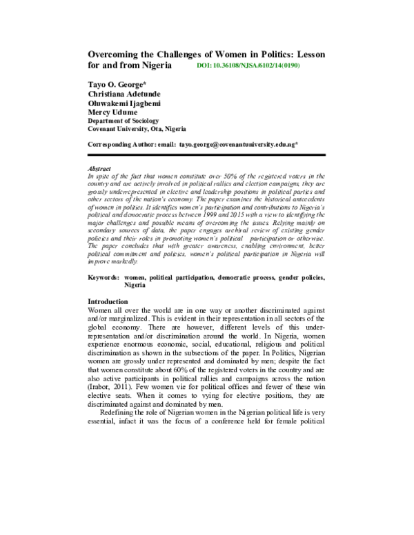 (PDF) Overcoming the Challenges of Women in Politics: Lesson for and ...