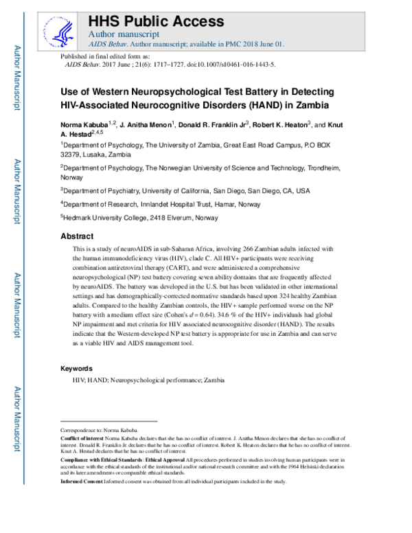 (PDF) Use of Western Neuropsychological Test Battery in Detecting HIV ...