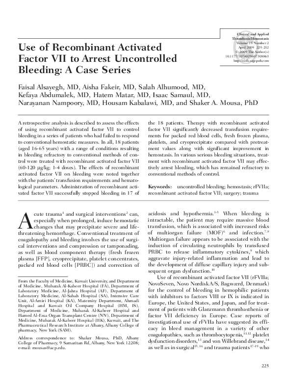 (PDF) Use of Recombinant Activated Factor VII to Arrest Uncontrolled ...