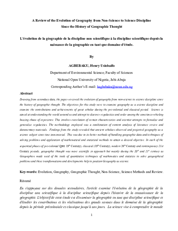 (DOC) A Review of the Evolution of Geography from NonScience to