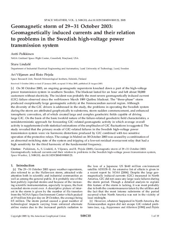 (PDF) Geomagnetic storm of 29-31 October 2003: Geomagnetically induced ...