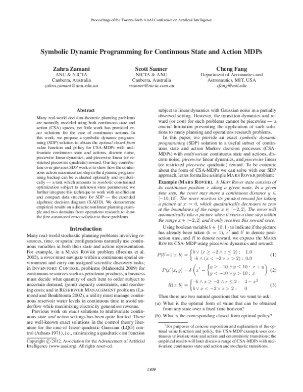 (PDF) Symbolic Dynamic Programming for Continuous State and Action MDPs