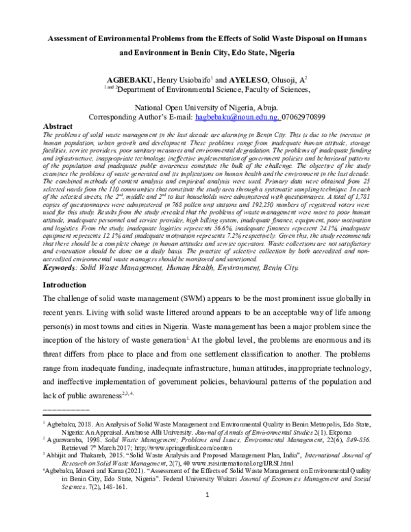 (DOC) Assessment of Environmental Problems from the Effects of Solid ...