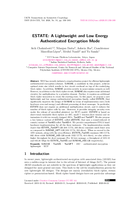(PDF) ESTATE: A Lightweight and Low Energy Authenticated Encryption Mode