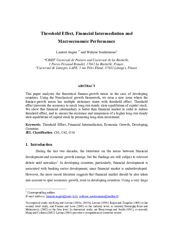 (PDF) Threshold Effect, Financial Intermediation and Macroeconomic ...