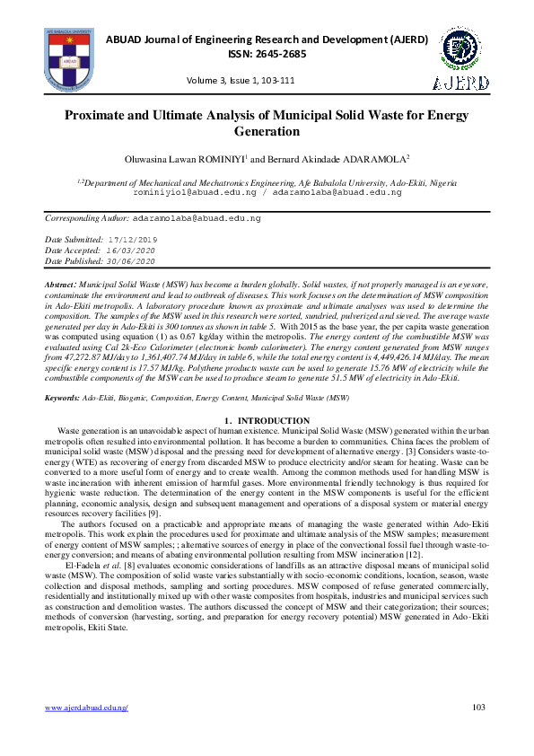 (PDF) Proximate and Ultimate Analysis of Municipal Solid Waste for ...