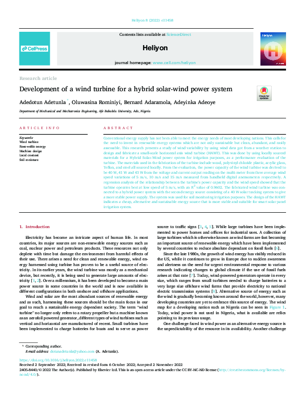 (PDF) Development of a wind turbine for a hybrid solar-wind power system