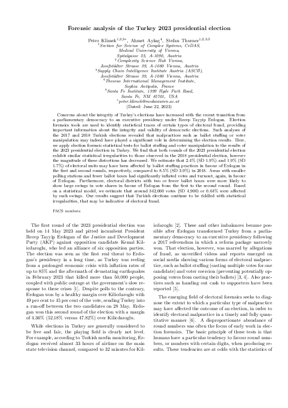 (PDF) Forensic analysis of the Turkey 2023 presidential election