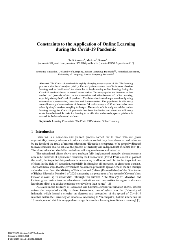 (PDF) Constraints to the Application of Online Learning during the ...