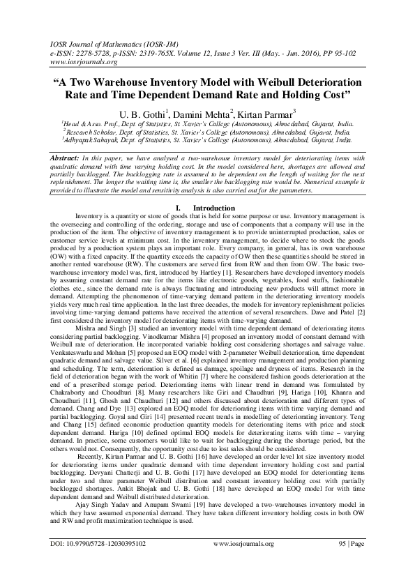 (PDF) “ A Two Warehouse Inventory Model with Weibull Deterioration Rate ...