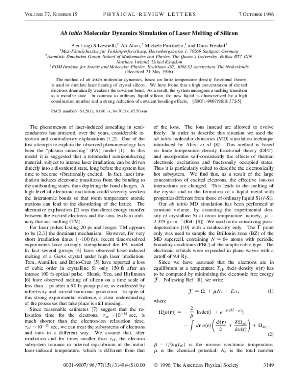 (PDF) Ab initio molecular dynamics simulation of laser melting of ...