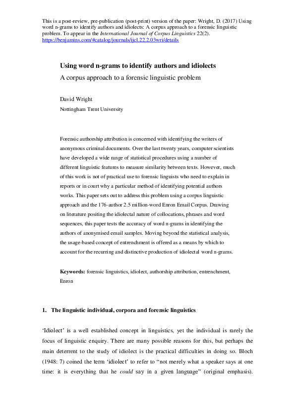 (PDF) Using word n-grams to identify authors and idiolects