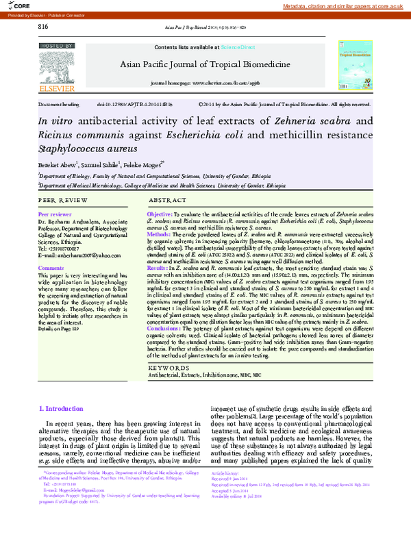 (PDF) In vitro antibacterial activity of leaf extracts of Zehneria ...