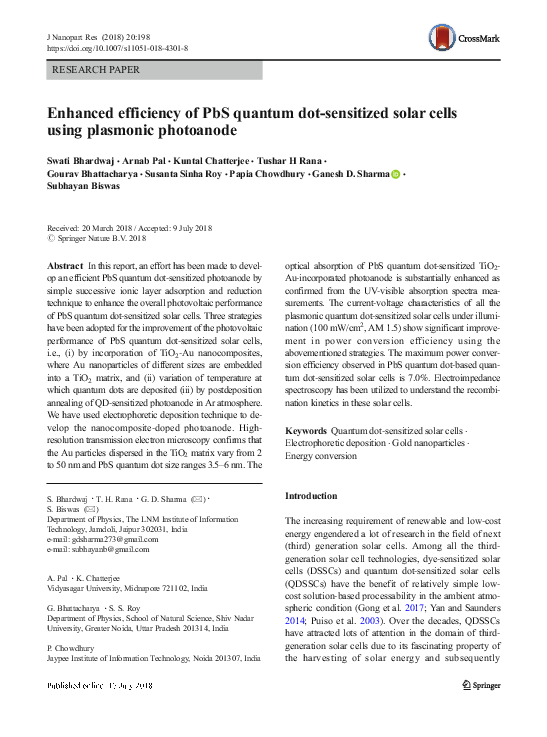 (PDF) Enhanced efficiency of PbS quantum dot-sensitized solar cells ...