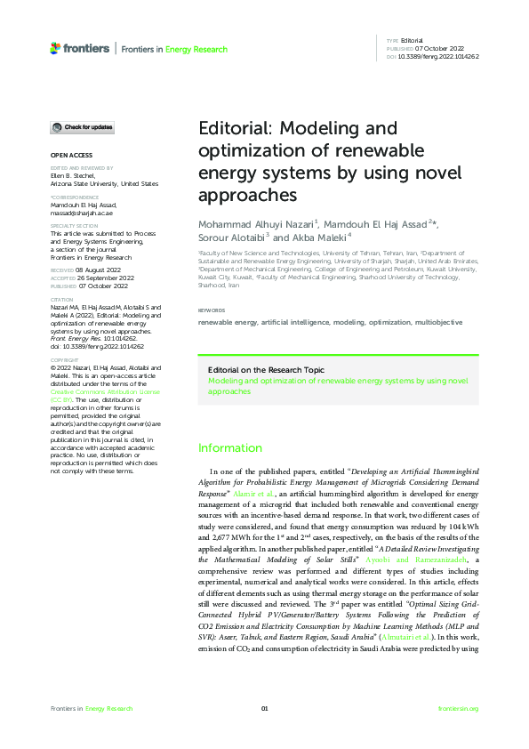 (PDF) Editorial: Modeling and optimization of renewable energy systems ...
