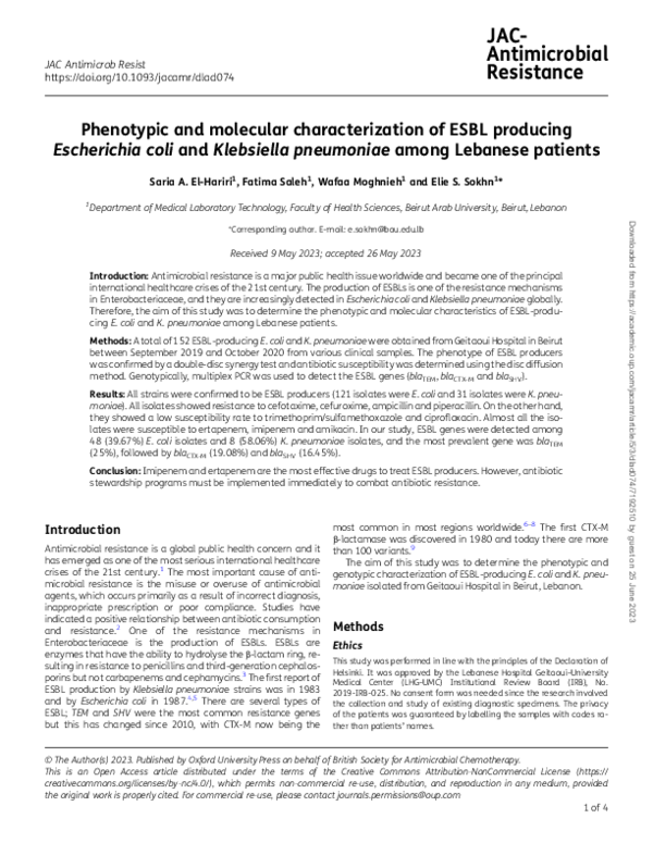 (PDF) Phenotypic and molecular characterization of ESBL producing ...