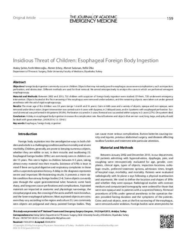 (PDF) Insidious Threat of Children: Esophageal Foreign Body Ingestion